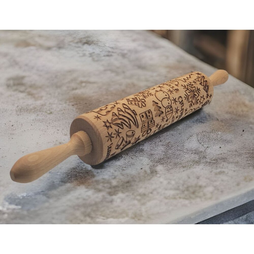 Wooden Embossing Rolling Pin Merry Christmas Baking Cookies Tool Santa Snowman